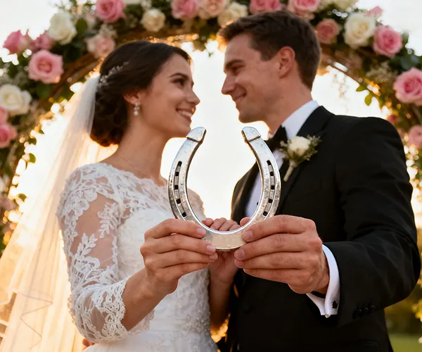 結婚式で馬蹄を持つ新郎新婦