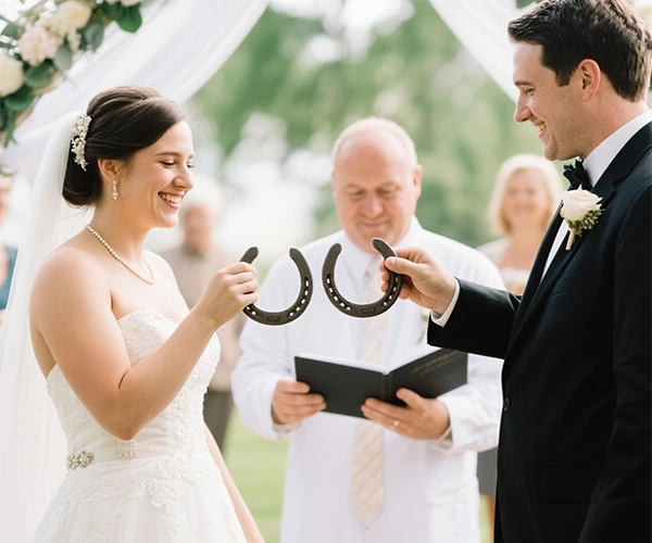 幸運を象徴する馬蹄を持つ花嫁と新郎