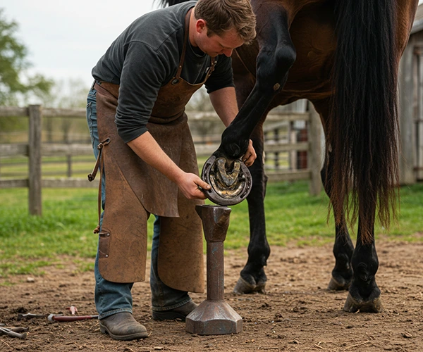 幸運の象徴でもある蹄鉄を装着する馬と蹄鉄工