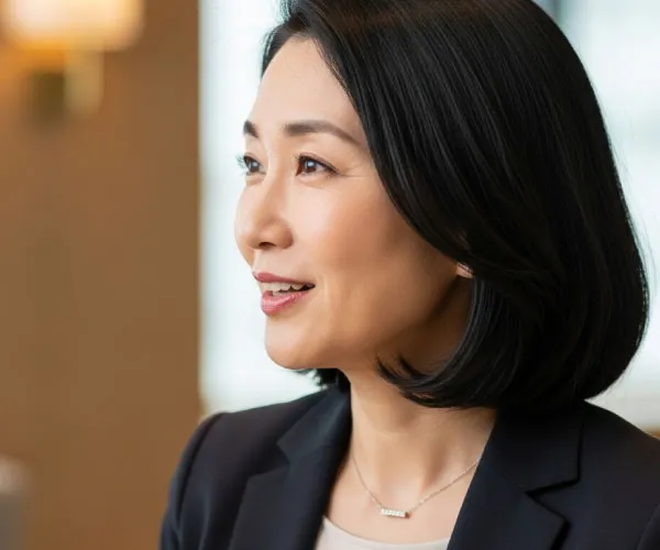 50代女性のビジネスコーデに合わせたネックレス_知的で洗練された印象を与え、仕事での自信をサポートするジュエリー