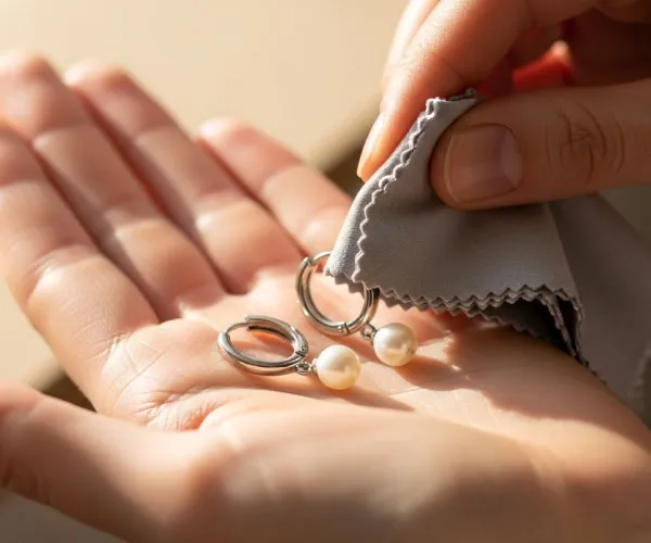 ピアスを柔らかい布で拭く女性｜40代向けジュエリーのお手入れイメージ