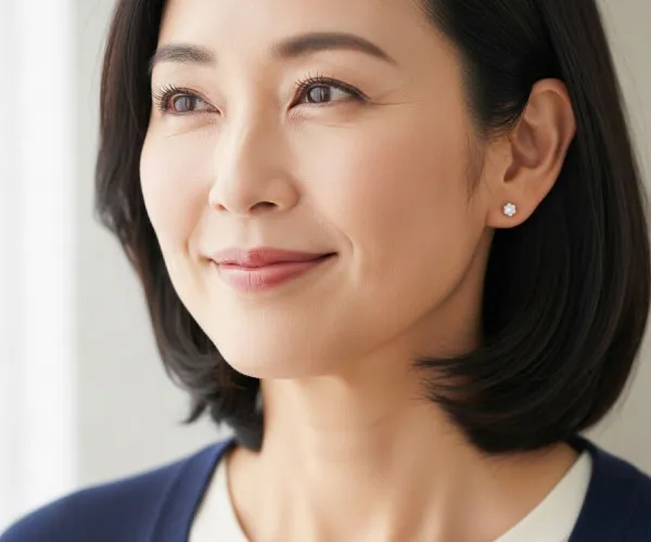 人生の節目に手にするご褒美ピアスを着けた40代女性｜未来を照らすお守りのようなジュエリー