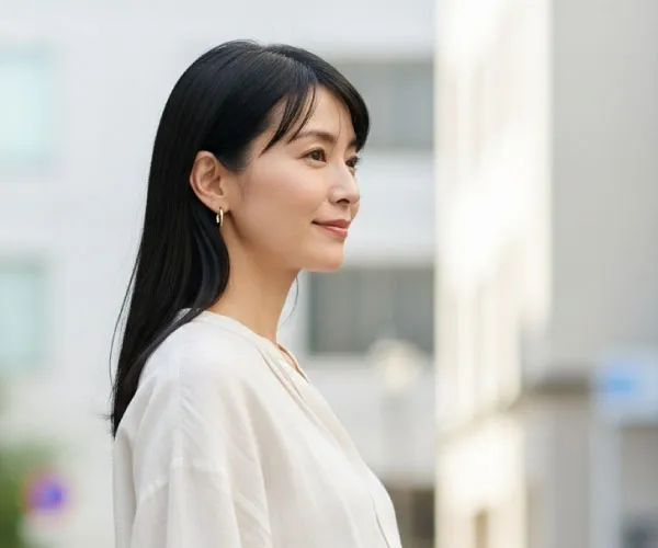 _フープピアスを着けた40代女性｜普段使いのカジュアルコーデにおすすめ