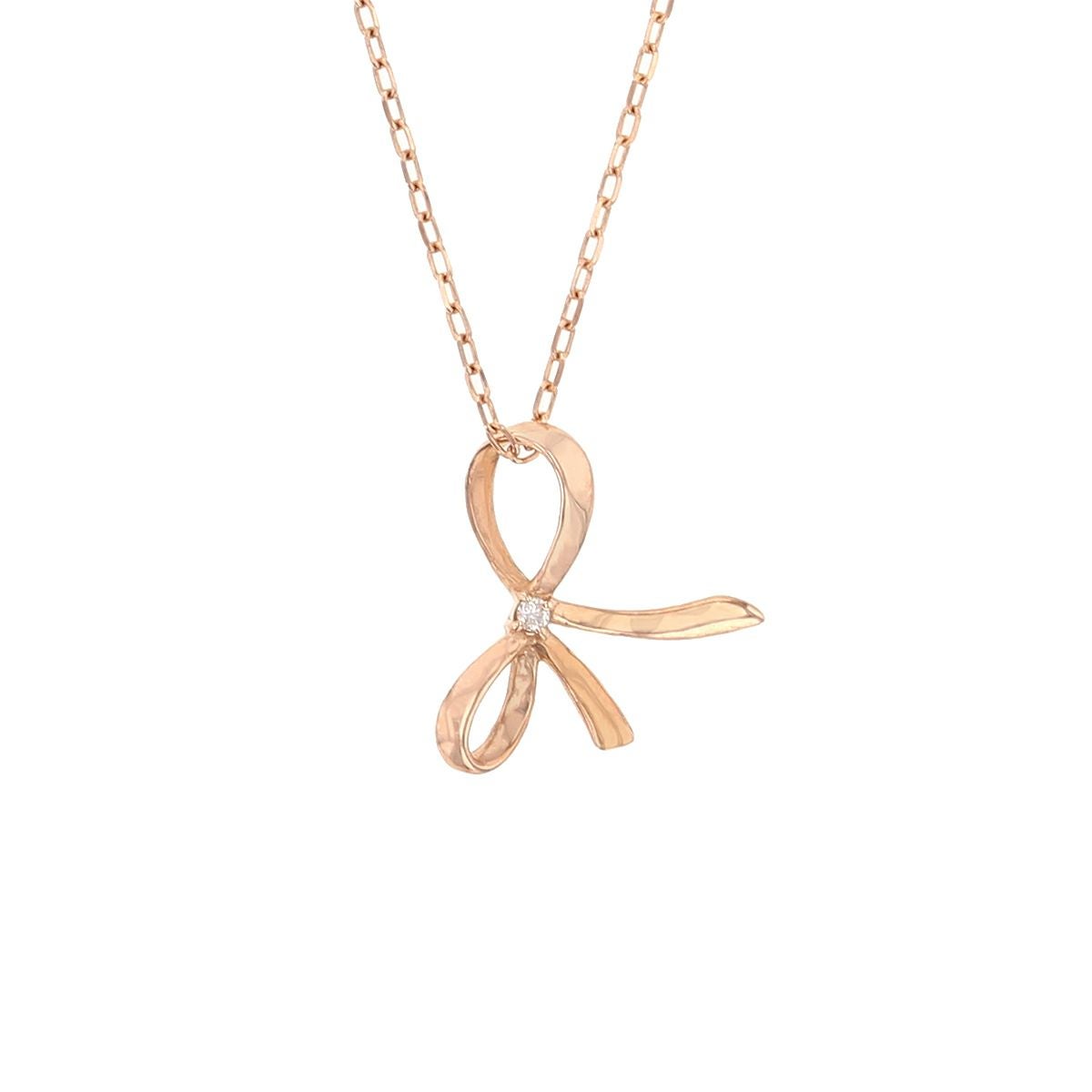 K10 PG リボン ダイヤモンド ネックレス ラッキーモチーフ かわいい ピンクゴールド 妻 彼女 レディース 誕生日プレゼント ギフト