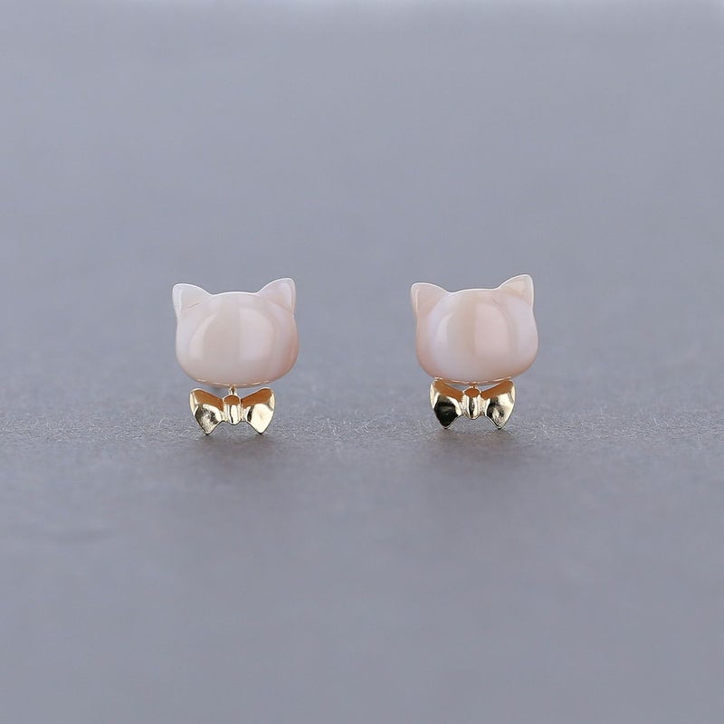 K10 YG ピンクシェル ピアス 猫 ねこ ネコ リボン レディース シェル 誕生日プレゼント ギフト 10金 彼女 20代 30代 40代 イエローゴールド 天然石