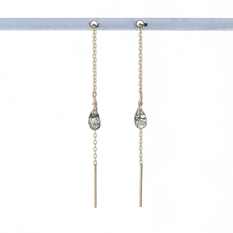 K10 YG ブラックルチルクォーツ アメリカンピアス クオーツ チェーンピアス ロングピアス 10K 10金 妻 彼女 レディース ギフト 誕生日プレゼント