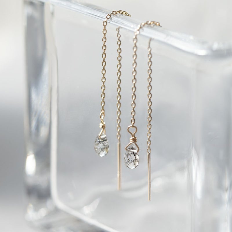 K10 YG ブラックルチルクォーツ アメリカンピアス クオーツ チェーンピアス ロングピアス 10K 10金 妻 彼女 レディース ギフト 誕生日プレゼント