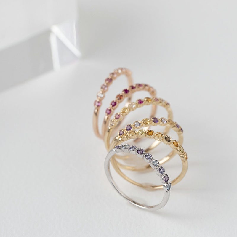 K10 YG PG WG マルチ カラーストーン リング ハーフエタニティ 誕生石 プレゼント レディース 彼女 妻 30代 40代 イエローゴールド ピンクゴールド ホワイトゴールド フラワー 花