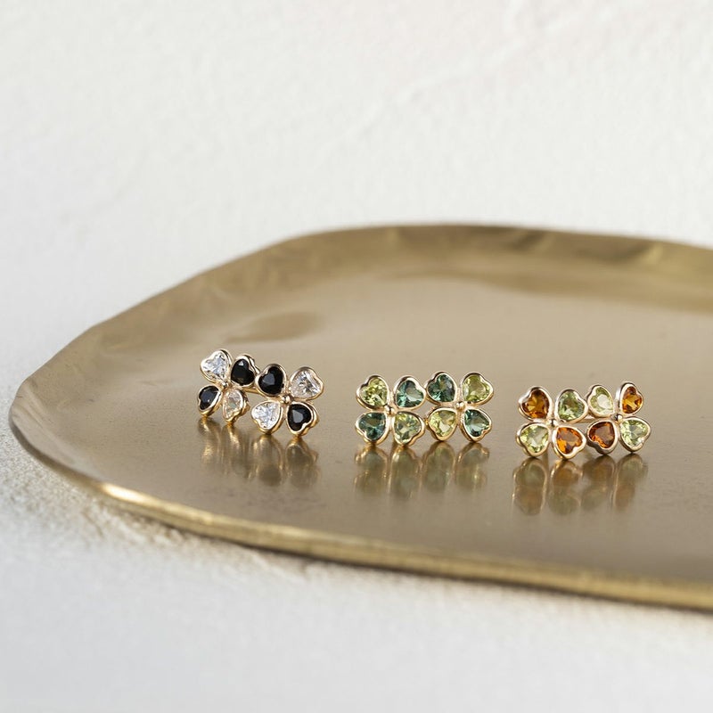 K10 YG クローバー オニキス キュービックジルコニア ピアス CZ 10k 10金 8月 誕生石 イエローゴールド レディース 彼女 誕生日プレゼント ギフト かわいい 四つ葉